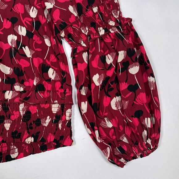 CAbi Corsage Blouse Size Medium Red Floral‎ Top Ruffle Balloon Sleeves 4157 - Picture 4 of 10